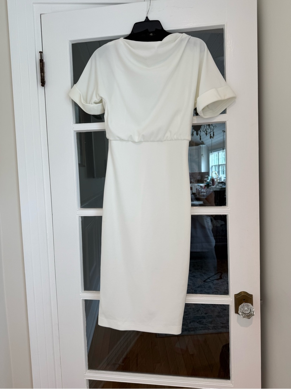 Badgley Mischka White Cowl Neck Blouson Cuffed Sleeve Sheath Midi Dress XS